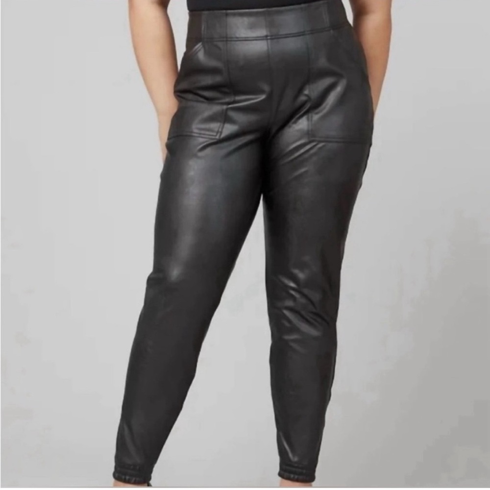 NWT XL SPANX Black Faux Leather jogger Pants with pockets